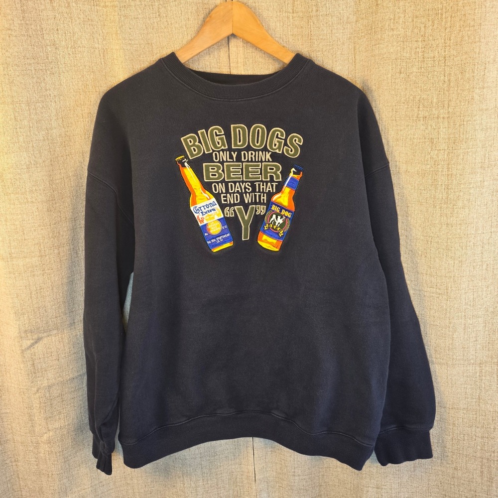 VTG Big Dogs Navy Blue Graphic Beer Sweatshirt Mens M Days End In Y Pullover Y2K
